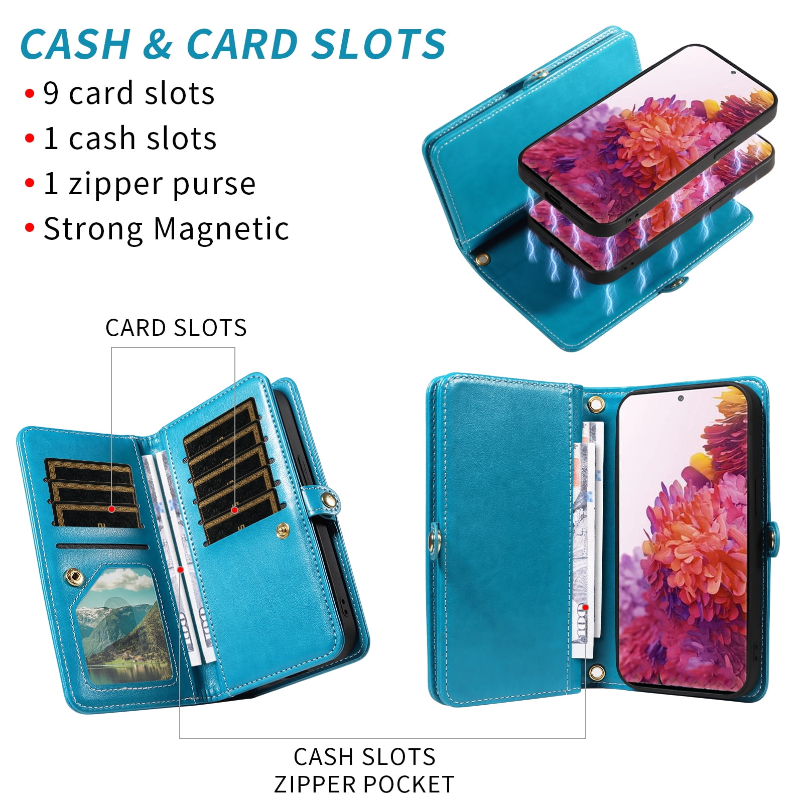 Phone Case for Samsung Galaxy S20 FE 5G 6.5 inch Zipper Wallet Cell Cover with Screen Protector Strap Flower Flip Card Holder S 20 EF UW 2022 S20FE5G S20FE 20S S2O Fan Edition 4G G5 Women Blue