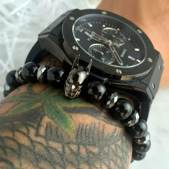 EOEMY Charm Black Batman Men 8mm Black Natural Onyx Round Male Hematite Bead Bracelets