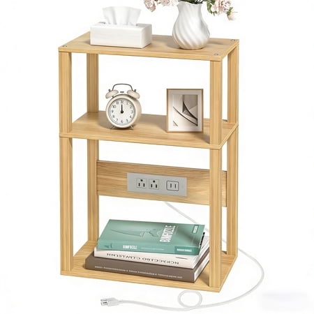 LELELINKY 3-Tier Narrow Side Table with Charging Station, Wood Nightstand with USB Ports for Small Spaces, Wood