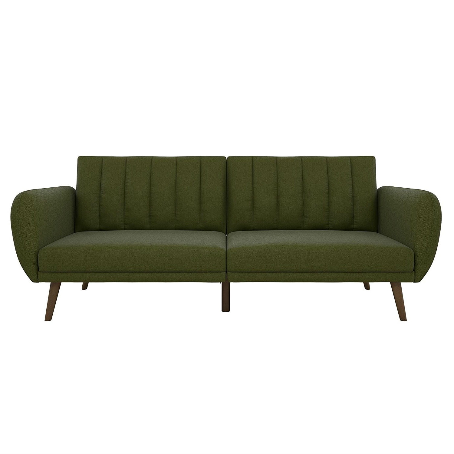 Green Linen Upholstered Futon Sofa Bed with MidCentury Style Wooden Legs