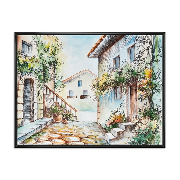 Designart 'Sunny Day At The Vintage City Cozy Street' Traditional Framed Canvas Wall Art Print