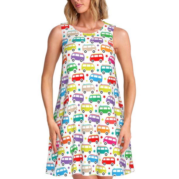 Fotbe Colorful Bus Vestido de Verano sin Mangas para Mujer – Vestido Midi Línea A, Estilo Camiseta Floral, Vestido Playero Casual y Fluido