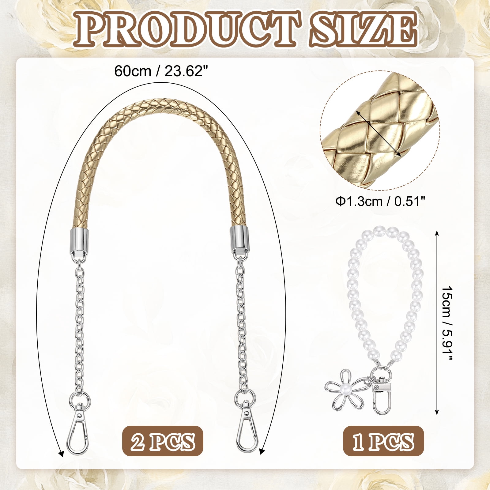 Uxcell 2 Pcs PU Leather Chain Purse Strap, 23.6 Inch Braided Purse Handles Replacement Strap with Pearl Pendant for Tote Bag Handbag Underarm Bag (Light Gold, Silver Chain)
