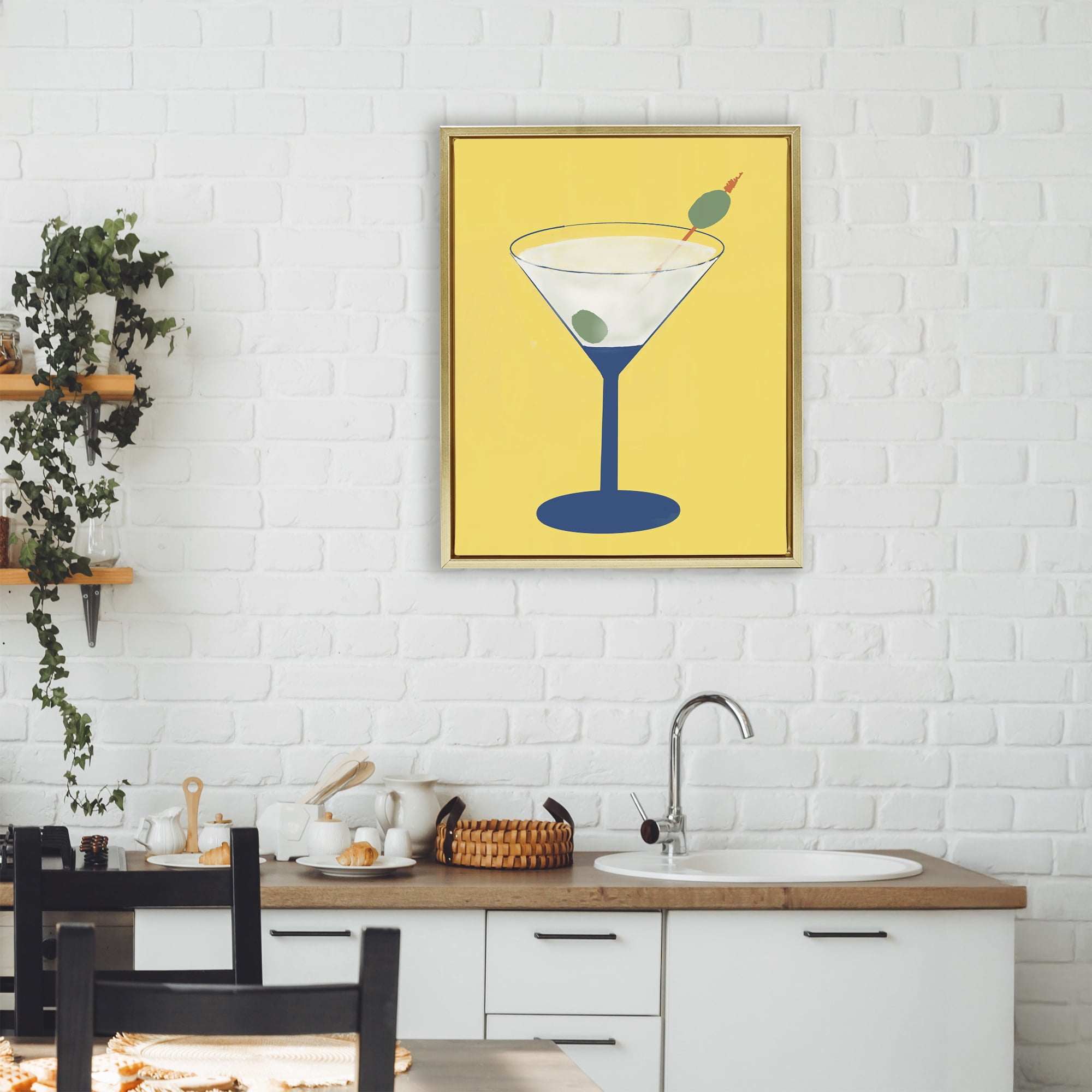 Stupell Industries Martini Glass over Yellow Gold Framed Floater Canvas Wall Art, design by Robin Maria
