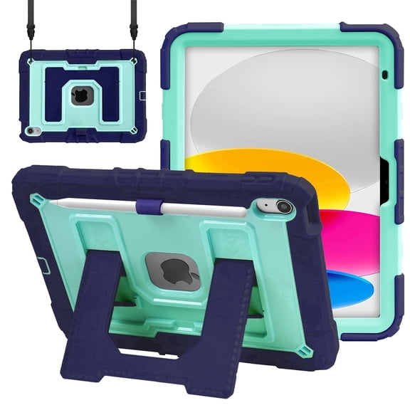Vena Rugged Kids Case For Apple iPad A16 11th Generation 11 Inch 2025, iPad 10th Gen 10.9" Protective Case Cover With Kickstand, Pencil Holder and Shoulder Strap, Blue/Mint Green