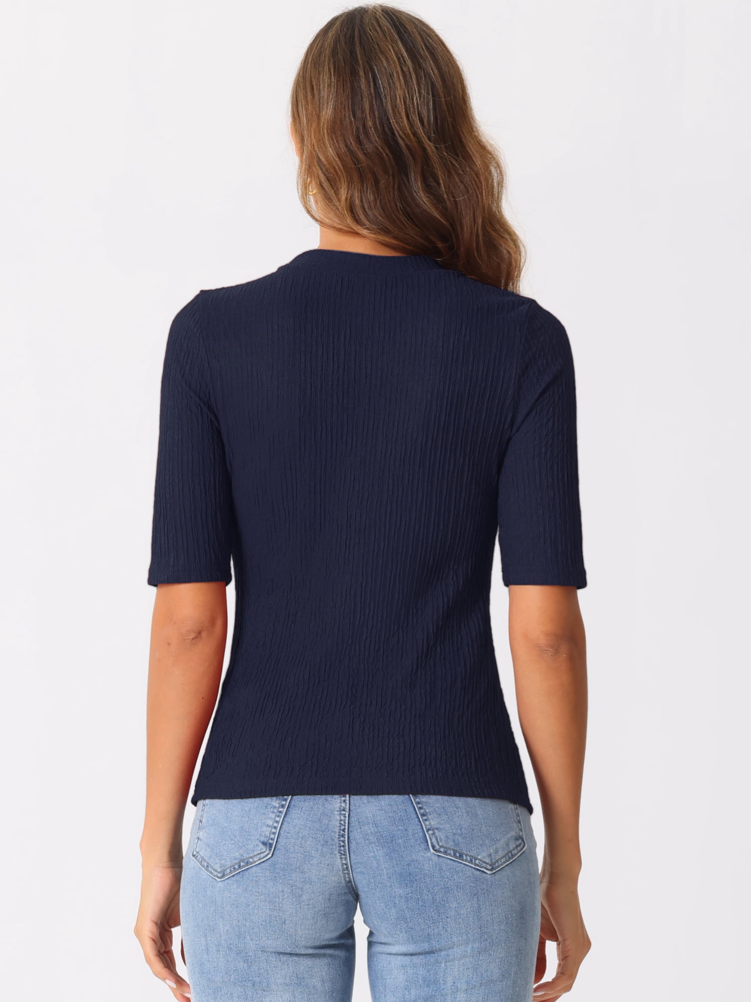 DARING DIVA Women's Crew Neck Top Ruched Half Sleeve Blouse S Dark Blue