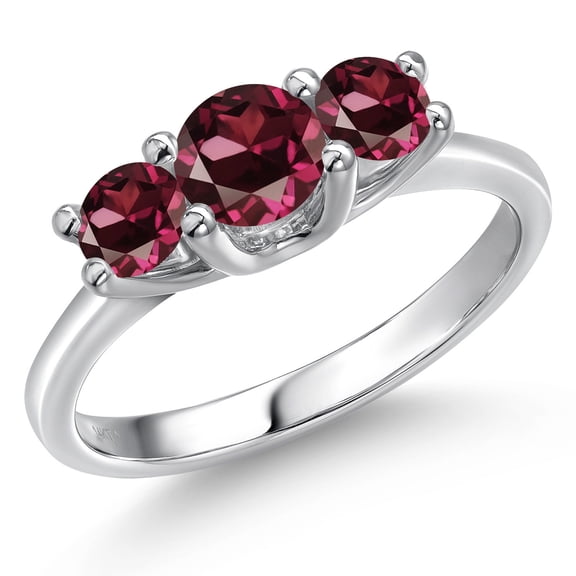 Gem Stone King 14K White Gold Red Rhodolite Garnet 3-Stone Engagement Ring | 1.34 Cttw | Round 5MM and 4MM | Three Stone Wedding Anniversary Promise Ring for Women (Size 8)
