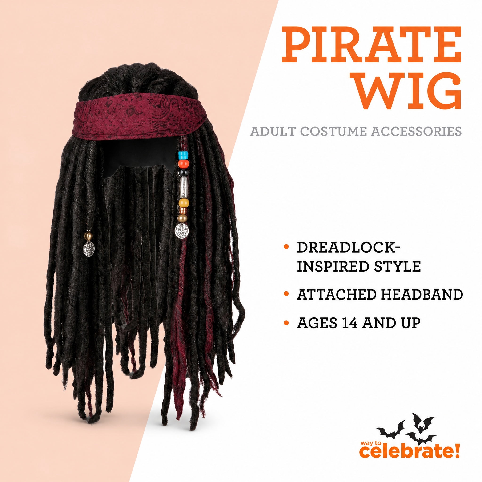 Pirate Wig Costume Accessory for Adults, Black, Halloween by Way To Celebrate