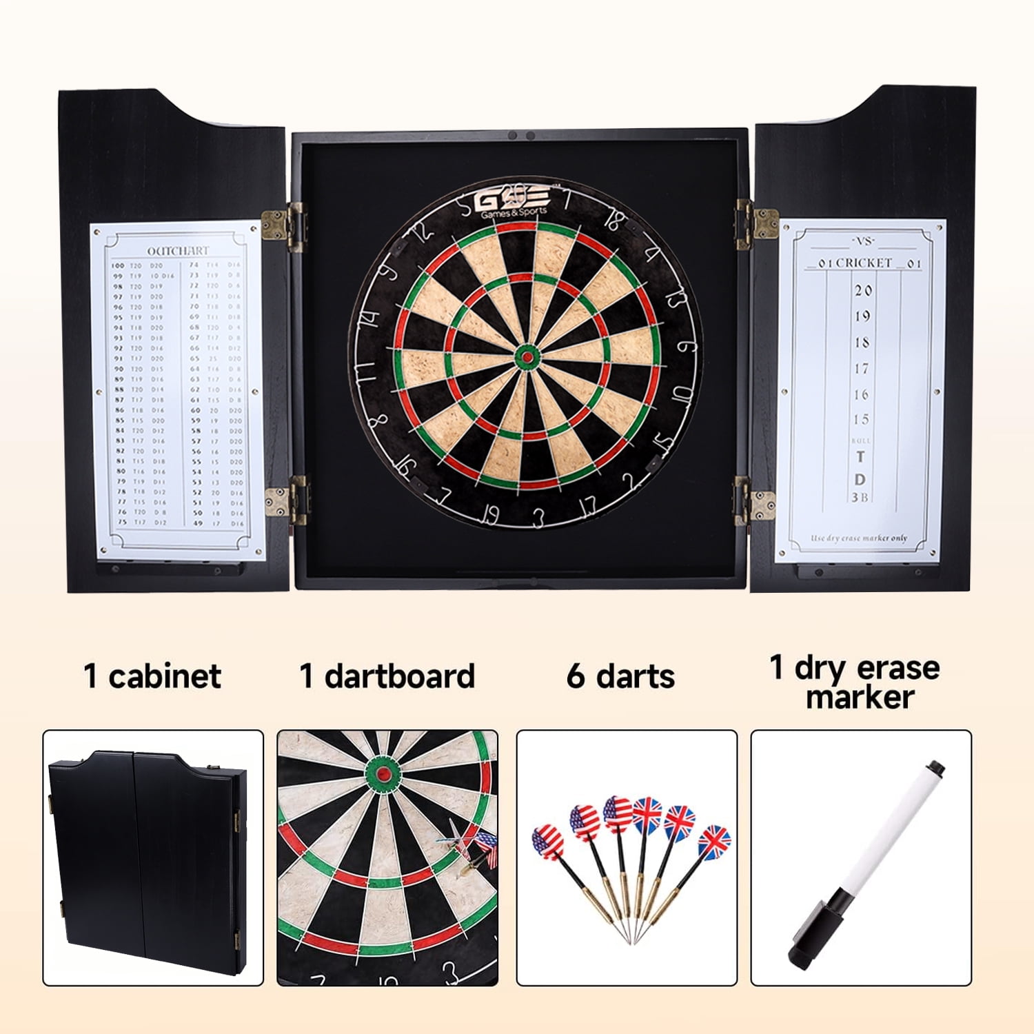 GSE Games & Sports Expert Solid Wood Dartboard Cabinet Set with Sisal Fiber  Dartboard, Dart Scoreboard and 6 Steel Tip Darts for Target Game Indoor  Game (Black) 