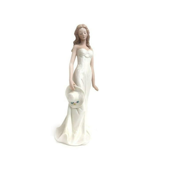 Lady With White Dress Holding Hat Figurine