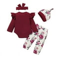 thumbnail image 2 of Uccdo Baby Girl Outfits Newborn Flower Romper Long Pants Hat Headband Clothes Set, 3/4Pcs, 0-24M, 2 of 7