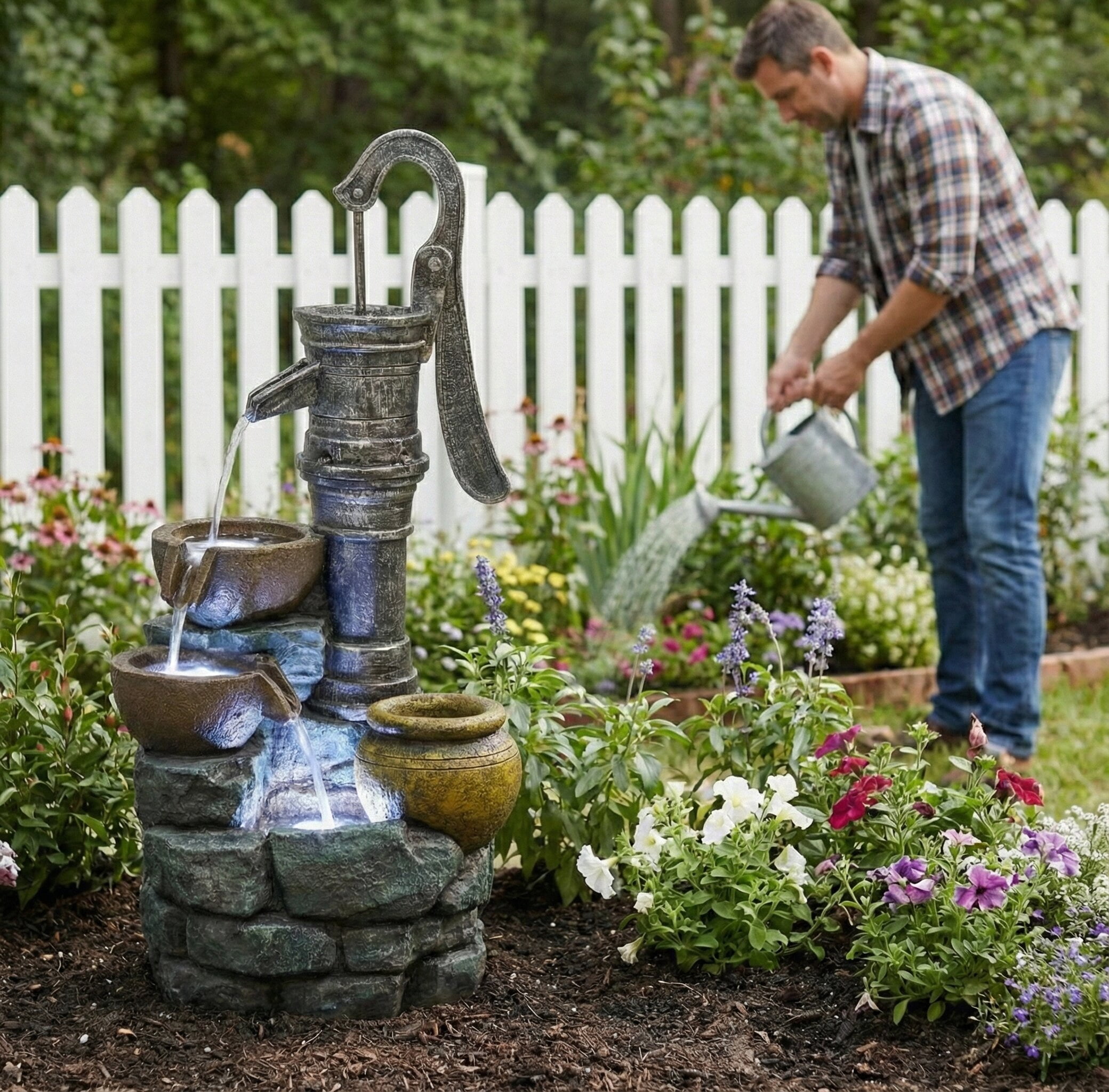 Morufur 32 Inch Outdoor Fountain with Vintage Pump, Garden Waterfall Fountain with LED Lights for Patio Lawn Backyard, Gray
