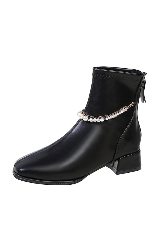Women's Ankle Boots Pearl Chain Decor Block Heel Pointed Toe Zipper Boots Fall Winter Shoes Comfortable Leather Ankle Booties Black 35
