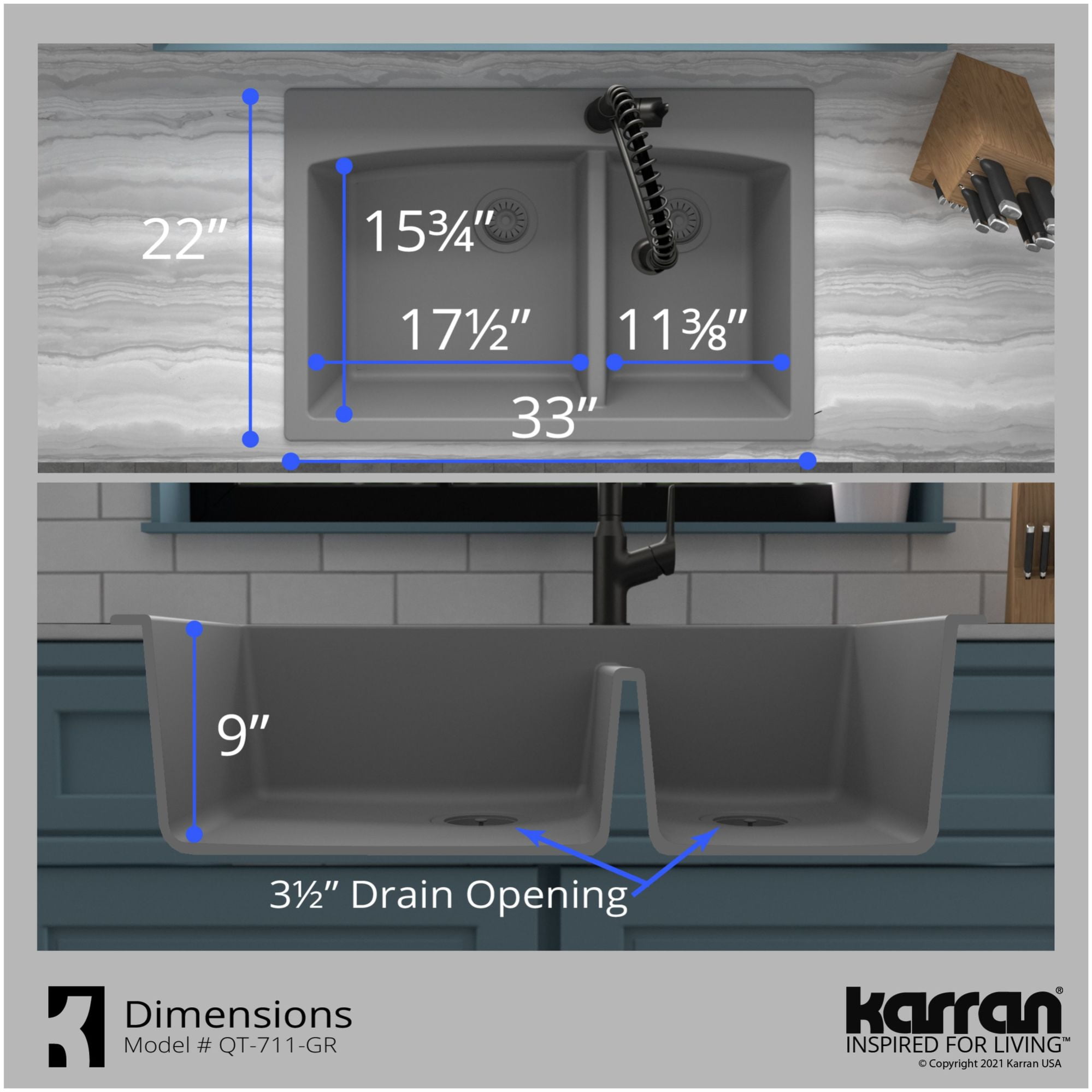 Karran Usa QT-711-BL Quartz Qt 33" Drop In Double Basin Quartz Composite Kitchen Sink -