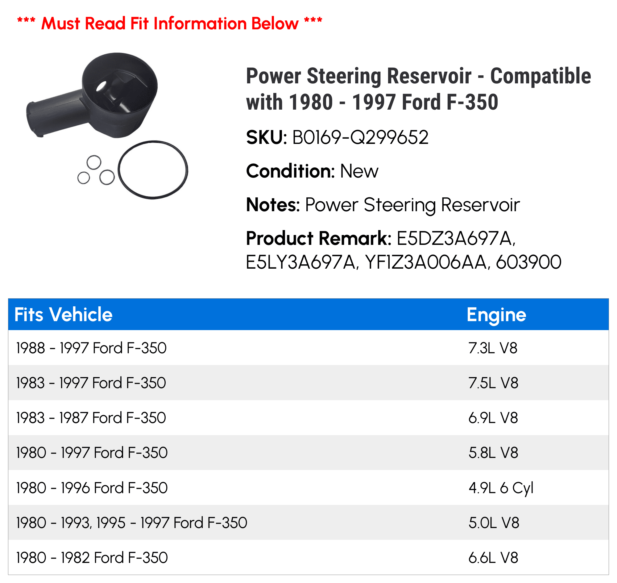 Power Steering Reservoir - Compatible with 1980 - 1997 Ford F-350 1981 1982 1983 1984 1985 1986 1987 1988 1989 1990 1991 1992 1993 1994 1995 1996