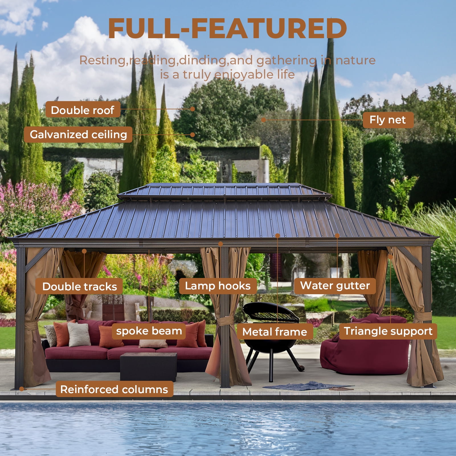 MEWANG 12'x 20'Outdoor Hardtop Gazebo, Double Roof Metal Canopy Gazebo with Aluminum Frame,Backyard Gazebo with Curtains and Nettings for Patios, Gardens, Parties.