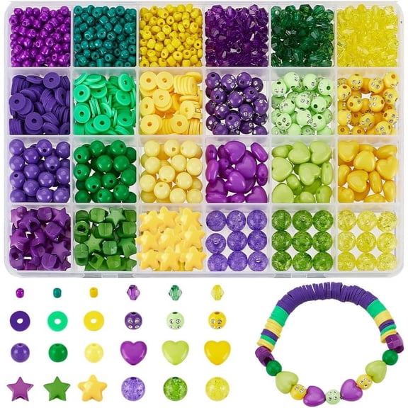 1227 Pcs Mardi Gras Beads Assorted Beads for Jewelry Making Purple Green Gold Rhinestone Acrylic Beads for Bracelet Necklace Making DIY Crafts for DIY