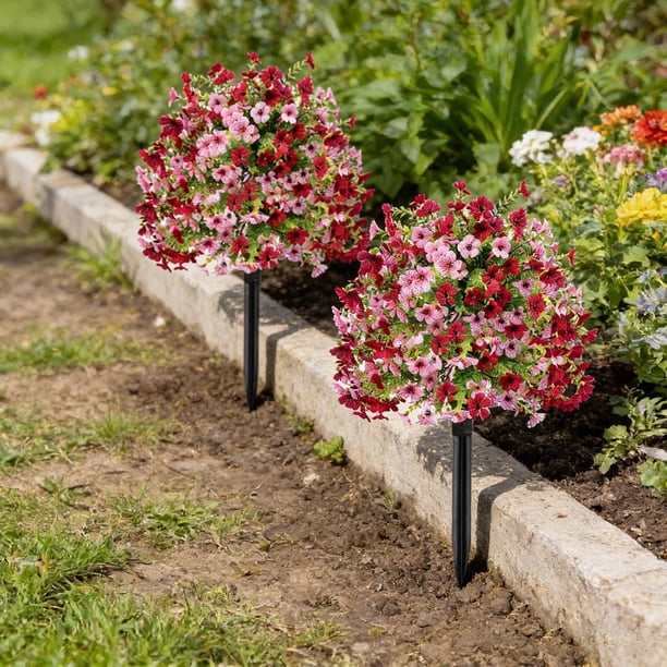 Arbustos artificiales de bolas violetas para jardín y patio exterior, arbusto de flores artificiales resistentes a los rayos UV con estacas para el jardín, patio, pasillo y decoración de balcón