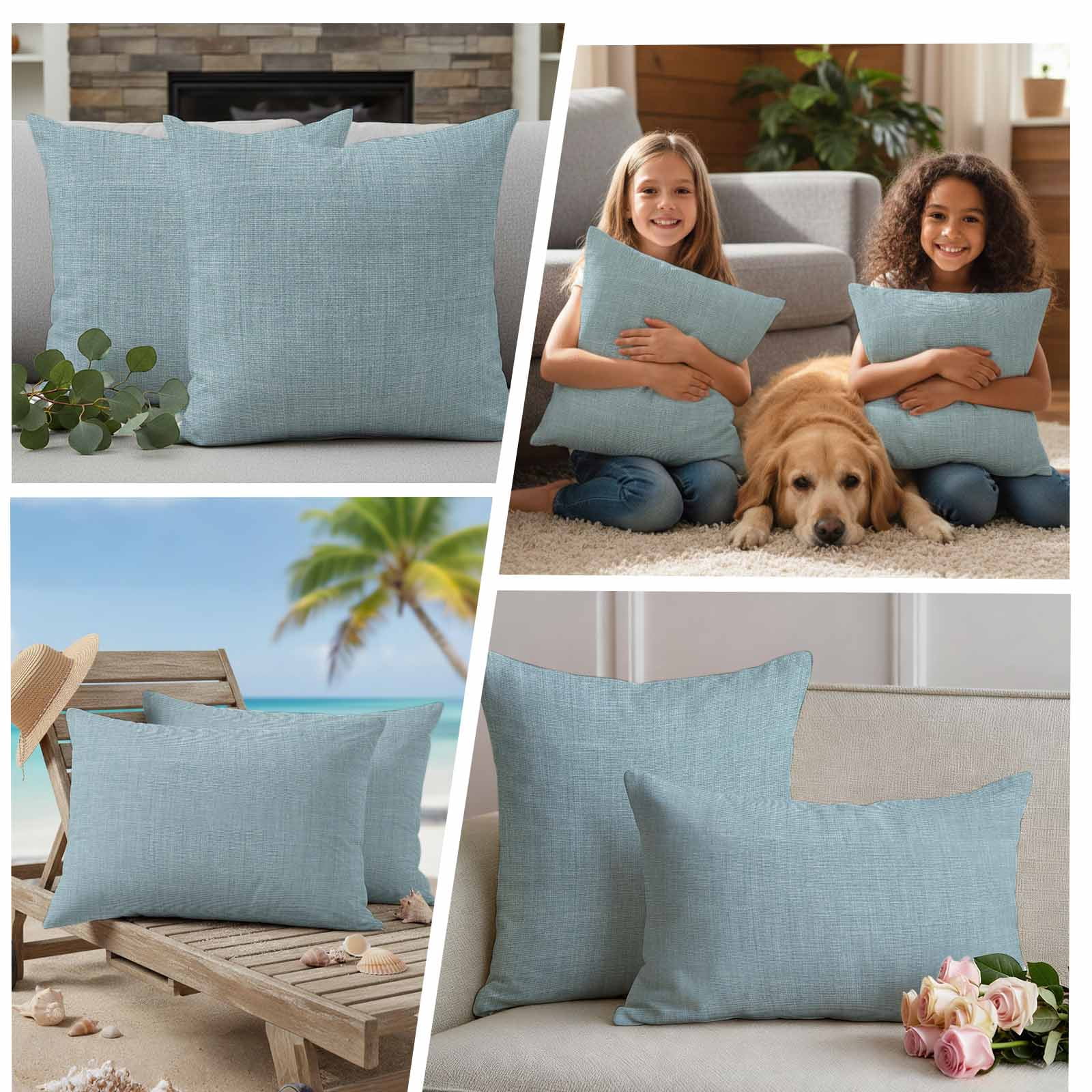 Outdoor Waterproof Throw Pillow Covers Set of 2 Blue Linen Decorative Pillowcases Lumbar Outdoor Pillows Cushion Case 20x12 Inch Farmhouse Pure Color Patio Pillows for Couch Sofa Bed Garden