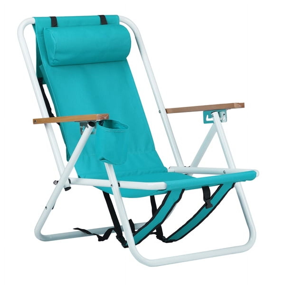 Folding Beach Chair with Backpack Straps, Camping Chair 4 Reclining Positions, Wooden Armrests & Cup Holder, 265lb Capacity