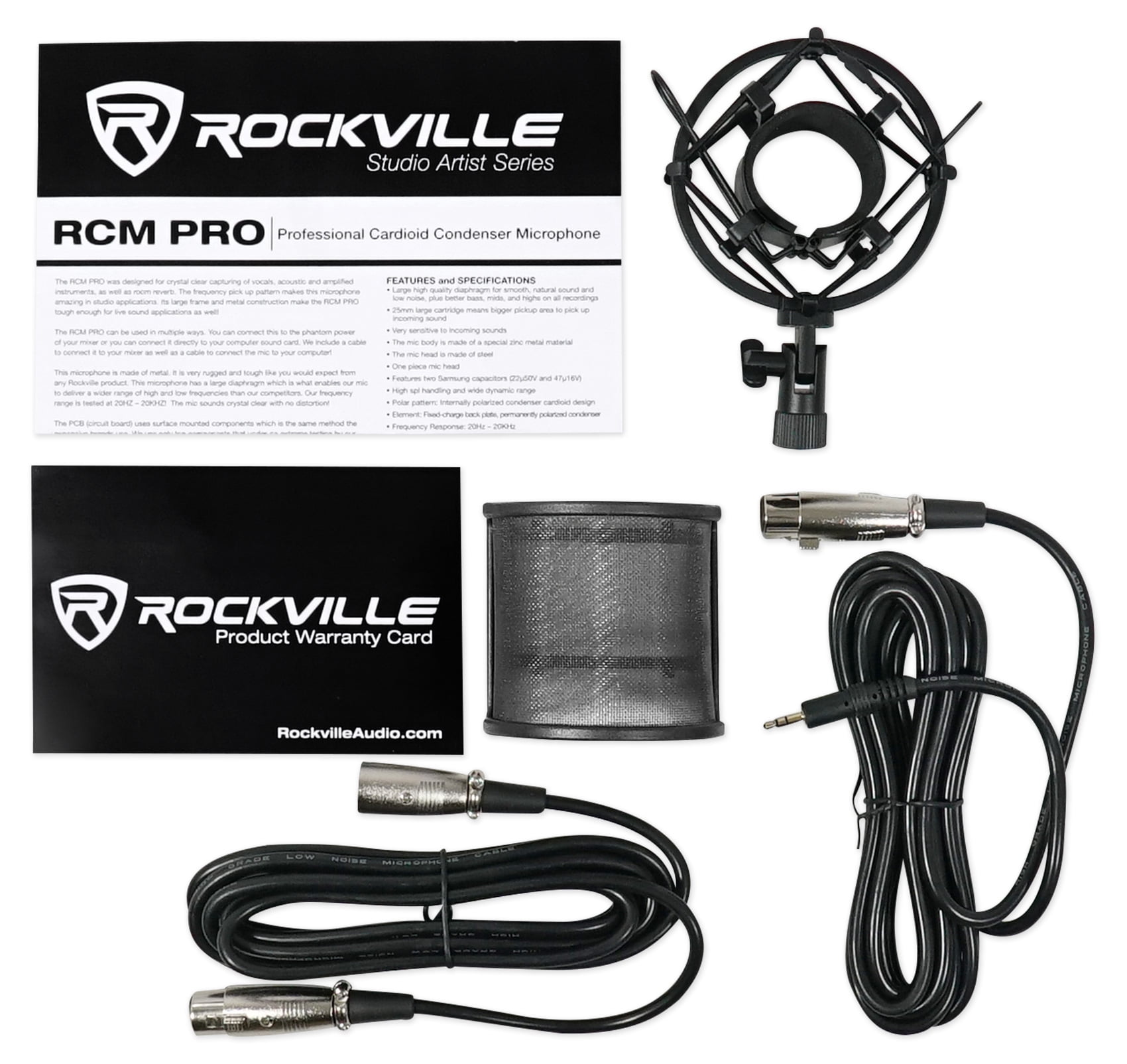 Rockville APM5B Bundle: 5.25" 2-Way 250-Watt Powered USB Studio Monitors, RVSM1 Pair of Monitor Stands, RRS190S Foam Isolation Pads, RCM PRO Studio/Recording Condenser Microphone, 4-items