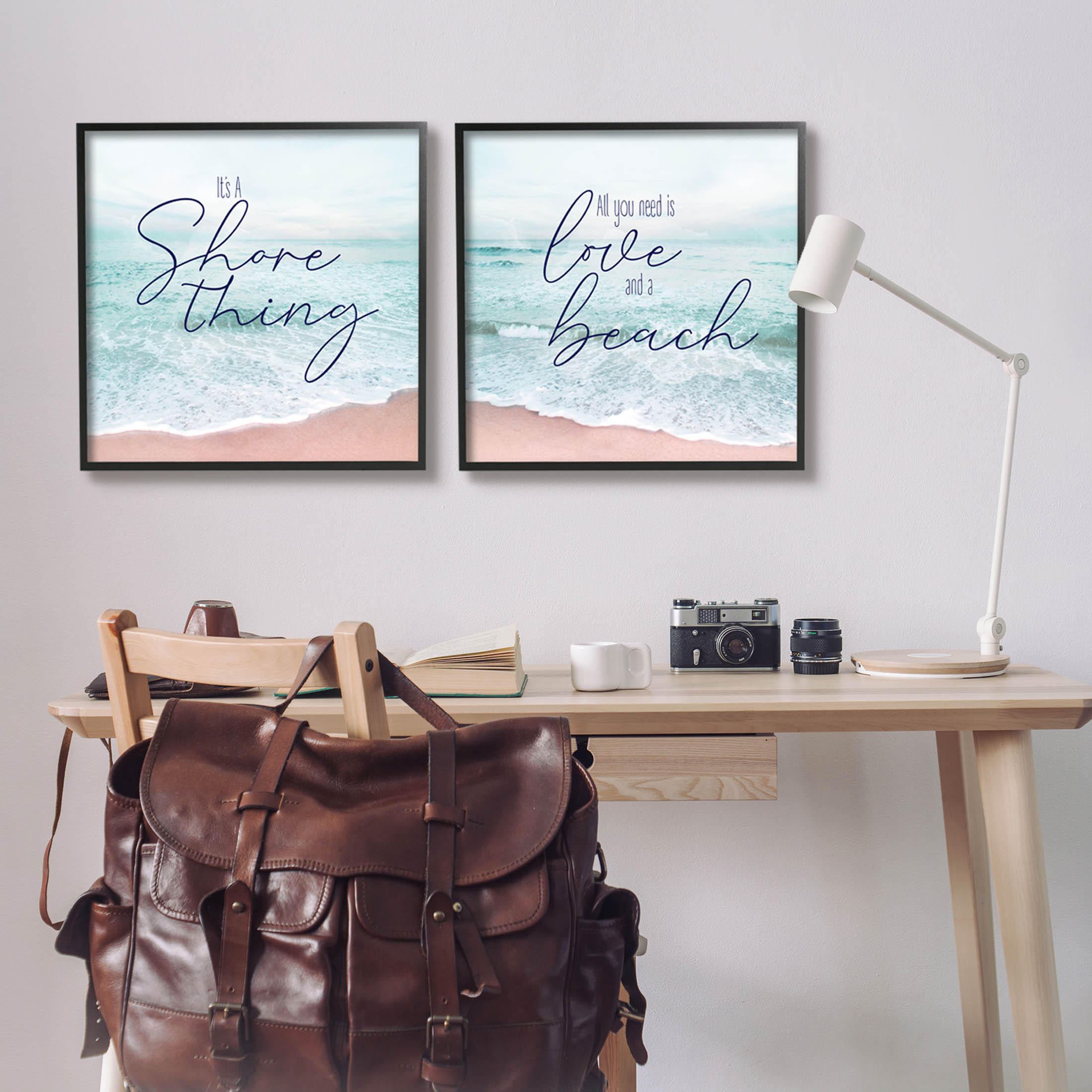 Soothing Beach Lover Phrases Coastal Graphic Art Black Framed Art Print Wall Art, Set of 2