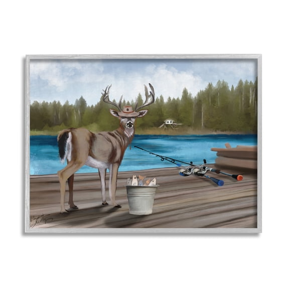Stupell Funny Fisherman Deer Camp Lake Animals & Insects Painting Gray Framed Art Print Wall Art