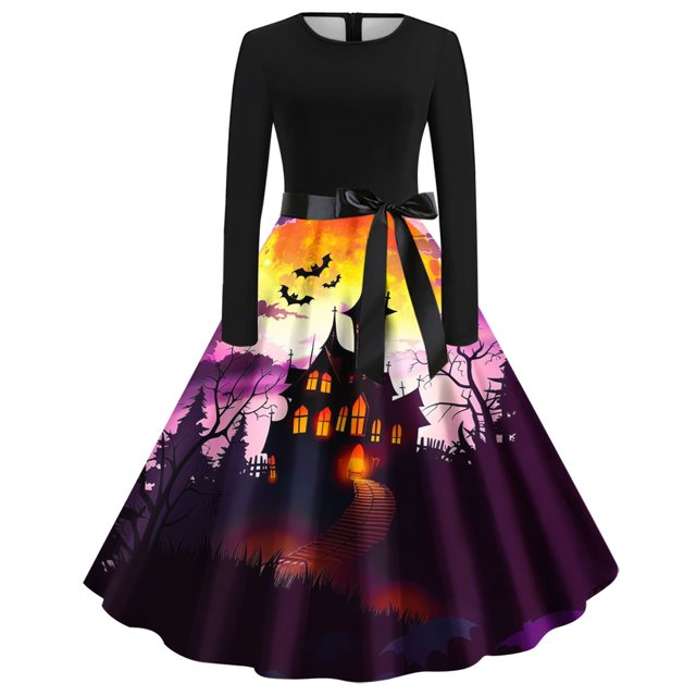 Long Dress with Sleeves,Summer Casual Dress,Ladies Casual Long Sleeved Round Neck Printed Fashionable Strap Dress
