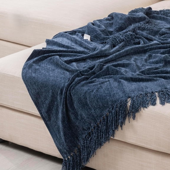 Decorative Chenille Throw Blanket 60x80 Inch – Soft and Cozy, Fringe Tassel Throw for Couch, Bed, Sofa, or Chair, Blue