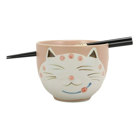 Meow Cat Bowl Ebros Whimsical Ceramic Peachy Pink Lucky Meow Cat Pasta Ramen Udong Pho Noodles Soup Bowl and Chopsticks Set Dining Gourmet Meal Feline Cats Collection Rice Bowls Decor Kitchen ()