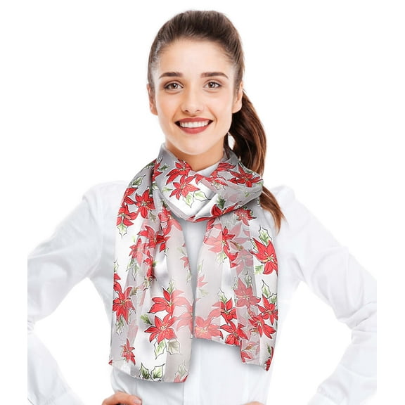 CBC Crown Women's Lightweight Poinsettia Leaves Printed Christmas Themed Silk Feeling 13" x 60" Scarf