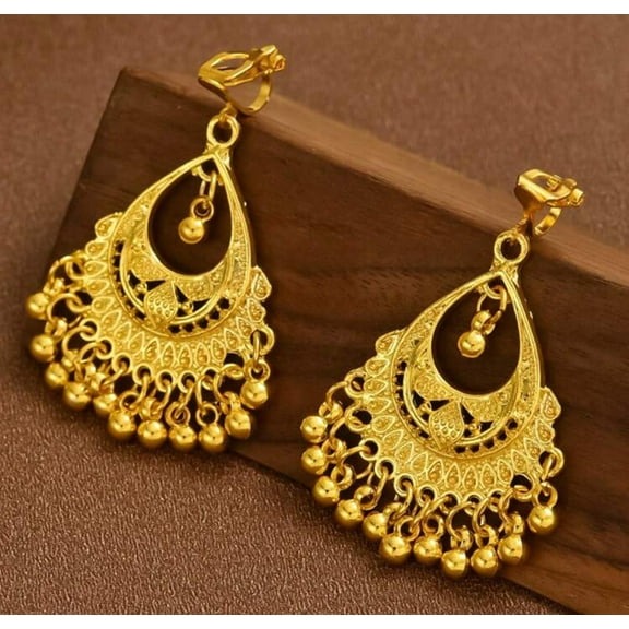 Clip on 2" golden cutout teardrop earrings with dangle balls