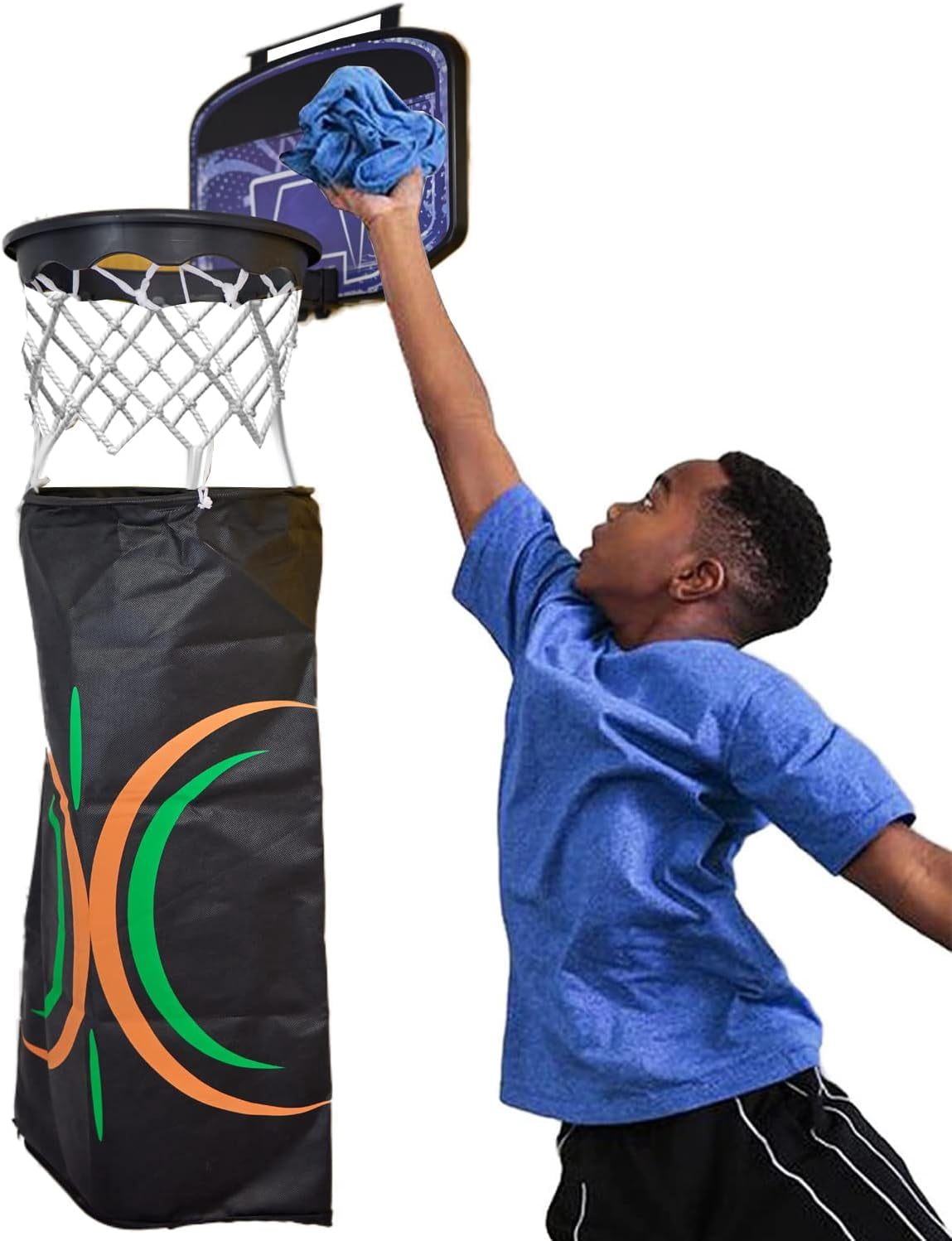 Indoor 2 in 1 Basketball Hoop and Laundry Hamper Set Over the Door Hanging Clothes Hamper Fun Basket Laundry Shoot Bag Set Gift for Boy Room and Girl Bedroom