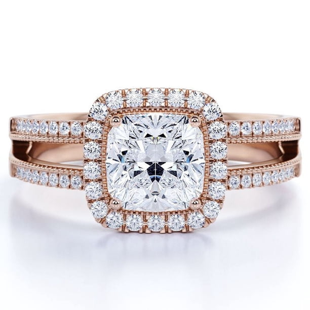 JeenMata Anillo de Compromiso Estilo Vintage con Diamante Real de Talla Cojín Anillo con Halo y Cuerpo Dividido, Oro Rosa de 10 K