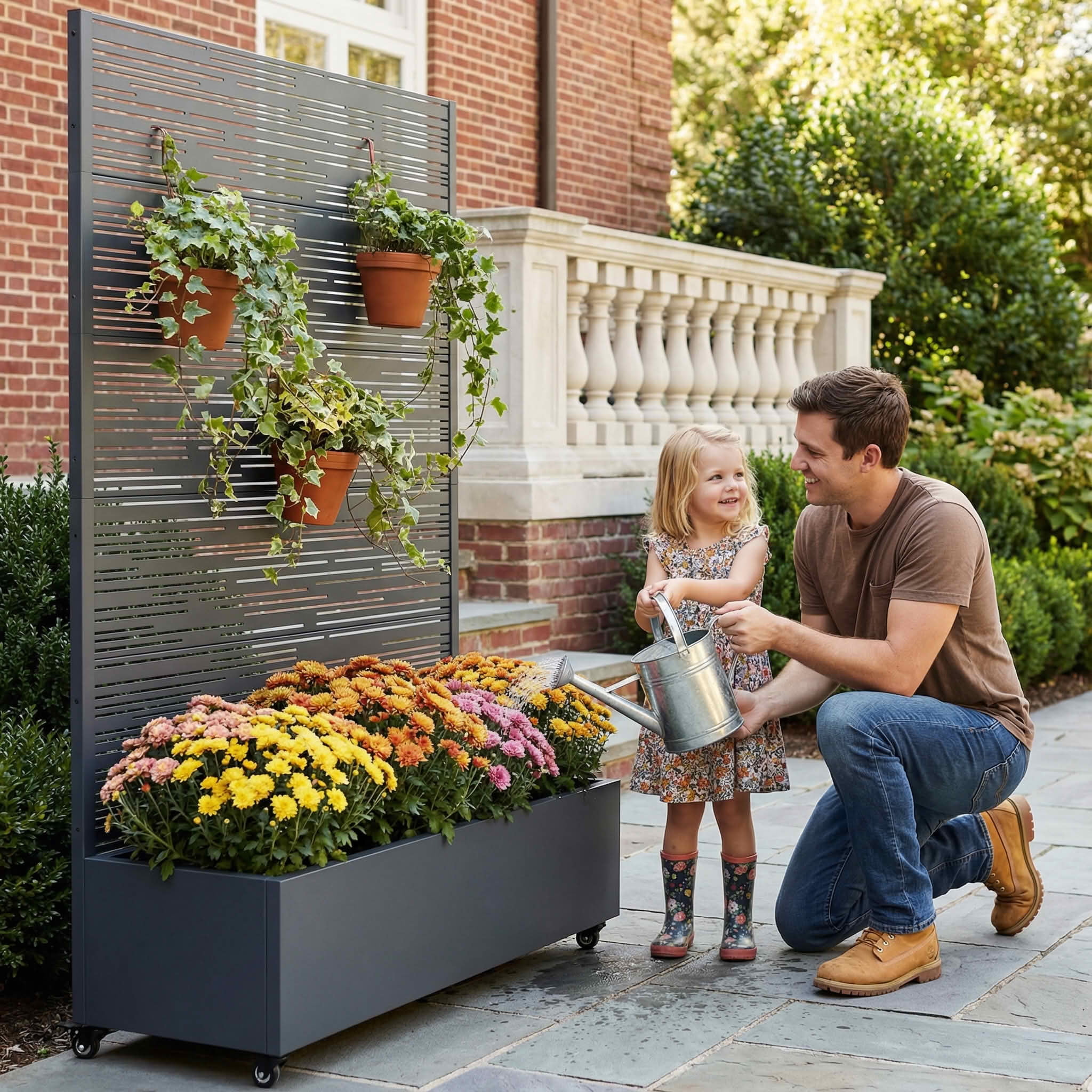 MAYEERTY 72X47" Metal Outdoor Cambrian Gray Privacy Screen with Planter Box for Backyard & Garden, 5 Piece Set