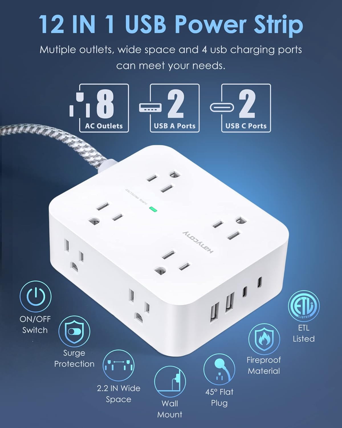 HearthHarmony 6Ft Surge Protector Power Strip with USB C Extension Cord with 8 Outlets(2.2 IN) 4 USB Ports(2 USB C) Flat Plug Wall Mount 3Side Outlet Extender for Home Dorm Room Essentials ETL Listed