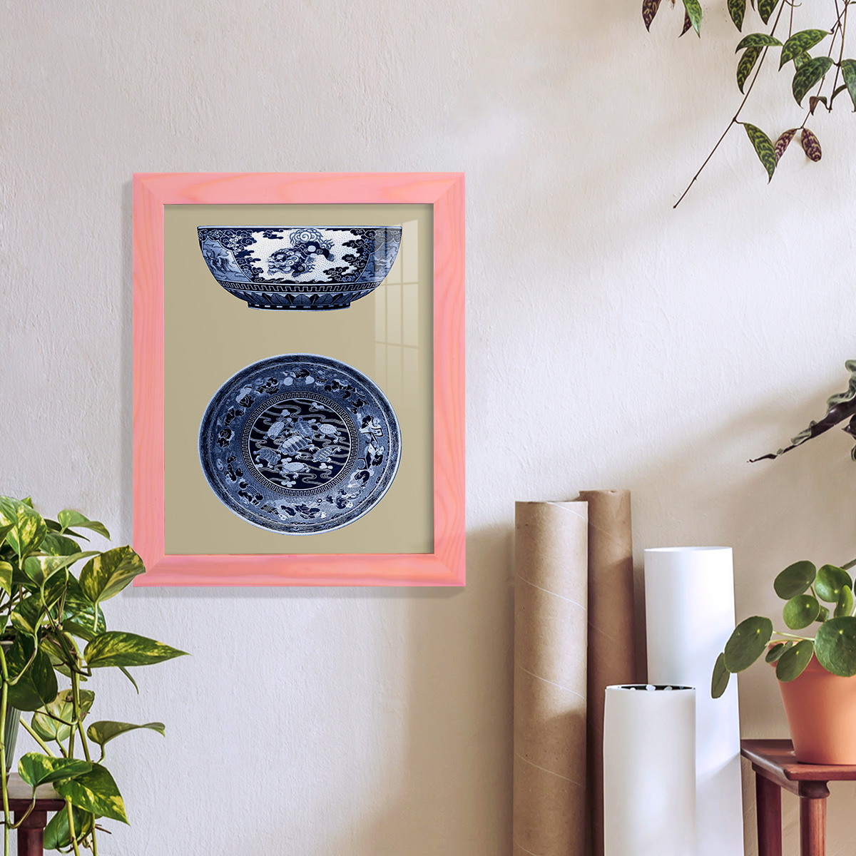Porcelain in Blue and White I -Framed Print w/glass-Sunset Pink