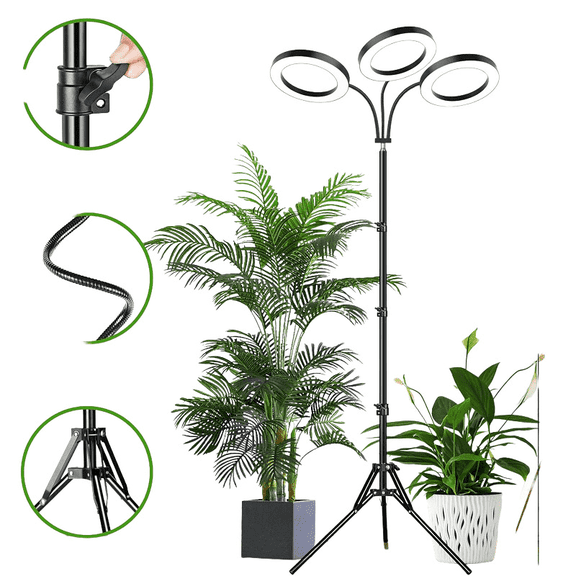 Arcticwind 3-Head Grow Light with Stand,Grow Lights for Indoor Plants,with 10 Dimmable Levels & 3 Switch Modes,Height Adjustable 24.4"-67" with 3/9/12H Timer Function,for Indoor Plants