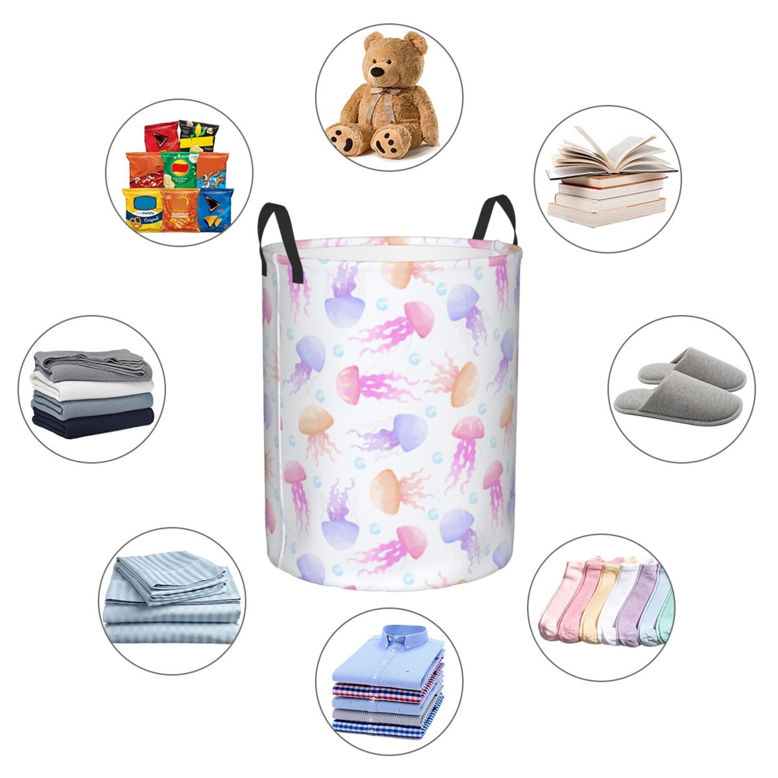 Large Laundry Basket with Handles - Bright Jellyfish Print Kids Baby Dirty Clothes Laundry Hamper for Bedroom Aesthetic