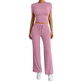 thumbnail image 2 of LEKWK Workout Sets for Women 2 Piece Short Sleeve Crewneck Crop Tops and Tummy Control Straight Leg Pants Summer Yoga Gym Athletic Running Casual Outfits, 2 of 6