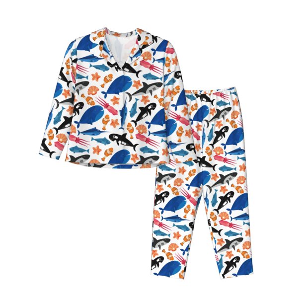 Balery Cute Sea Animals Conjunto de Pijama con Estampado para Mujer, Conjunto de Dos Piezas con Manga Larga, Ropa de Dormir Suave con Bolsillos, Pijamas Cómodos-Medium