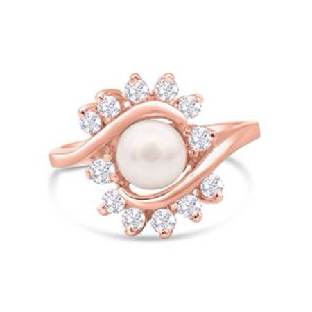 Round Freshwater Cultured Pearl and 1/2 Carat Halo Diamond Ring In 14 Karat Rose Gold Size 5.5