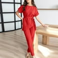 thumbnail image 2 of Jinhomg Womens Business Casual Outfits Fashion Roll Sleeve Asymmetrical Blouses and Straight Leg Pants 2 Piece Office Work Suits with Belt Red L, 2 of 10