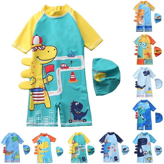 Gelikeya Toddler Boys Swimsuits One Piece Rash Guard Swimwear Zipper Bathing Suit UPF 50 with Hat Dinosaur Swimsuit Set Mint Green 6-7 Years