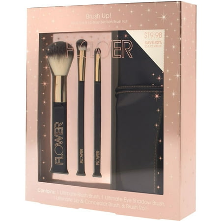 Flower Brush Up! Face, Eye & Lip Brush Set with Brush Roll, 4 pc (Rose Gold)