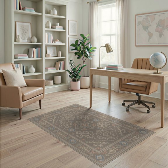 ODIKA 4'x6' Gray Beige Intricate Geometric Design Washable Area Rug Elegant Charcoal Motif with Classic Borders for Dorm Room, Small Living Stain Resistant Low Profile, Easy Care
