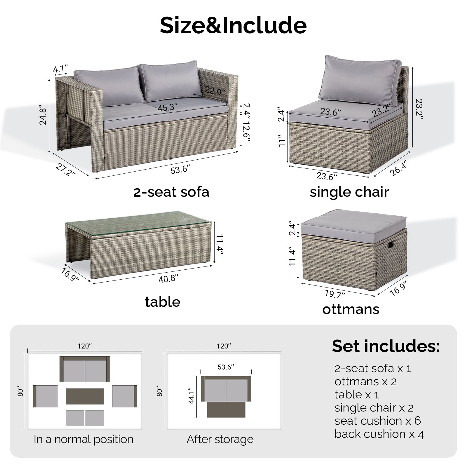 Ktaxon 7-Piece Modular Patio Sectional Set, All-Weather Rattan Set Grey Cushions