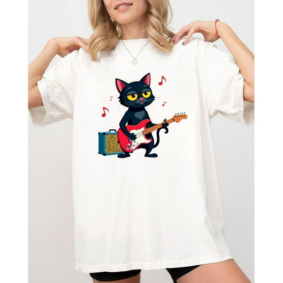 Rock Cat Guitar Tee Fashion Graphic T Shirt Tops Cool Music Lover Vintage Band Tour Style White S-5XL