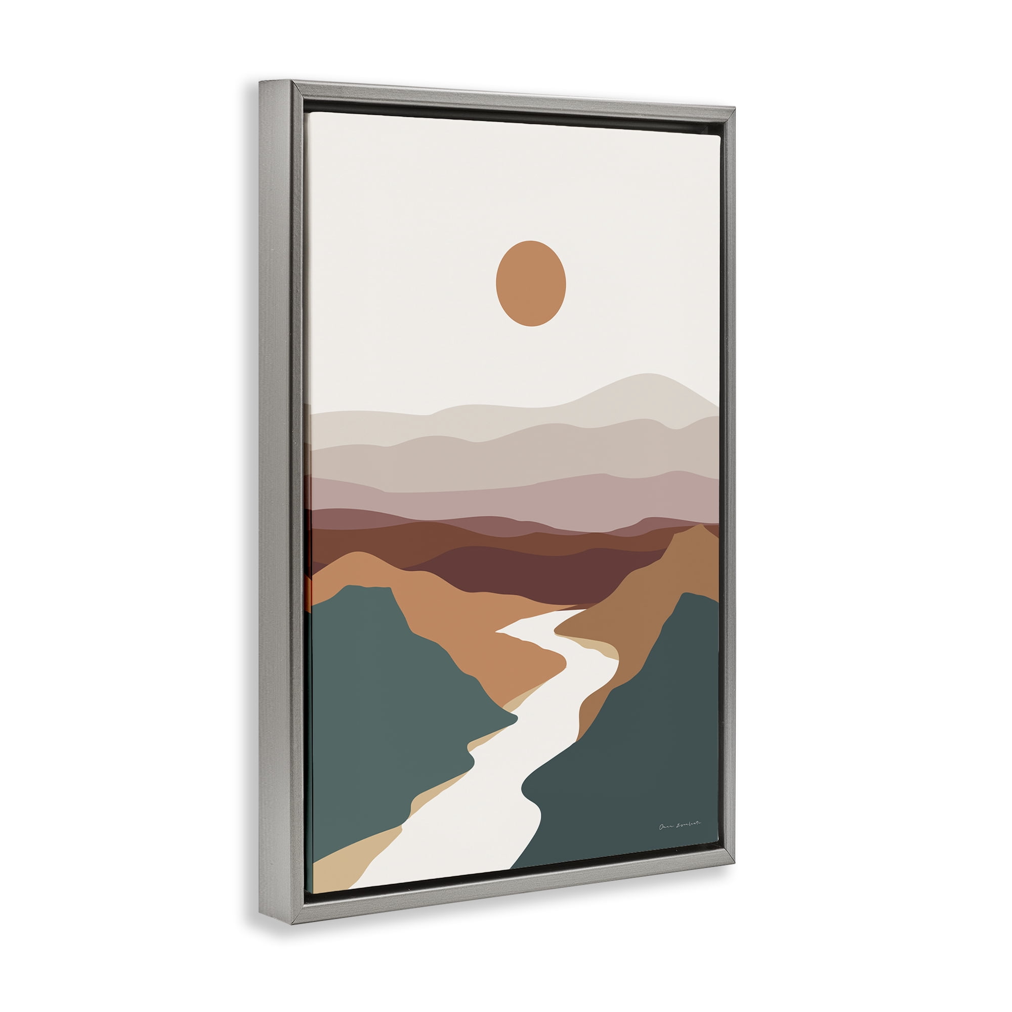 Stupell Industries Natural Mountain Valley Landscape & Nature Painting Gray Floater Framed Canvas Art Print Wall Art, 17 x 25
