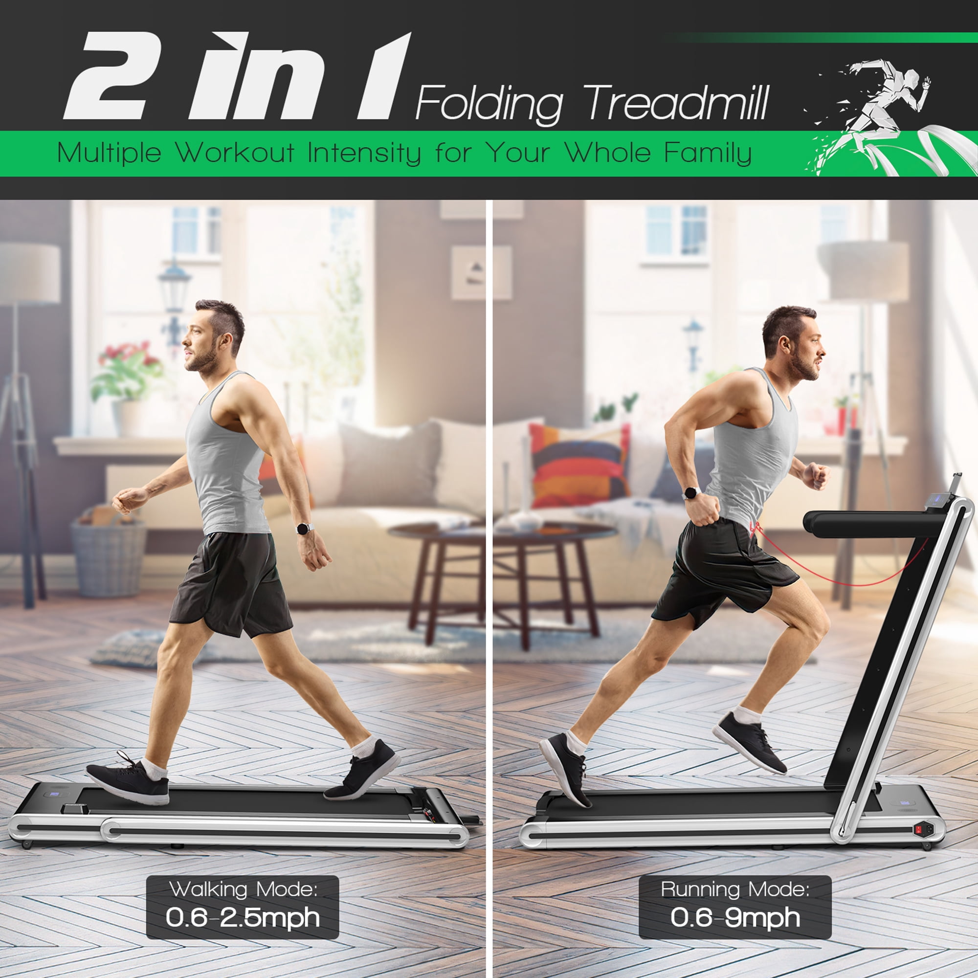 Gymax 2.25HP Folding Treadmill 2-in-1 Walking Running Machine w/ APP & Remote Control Silver